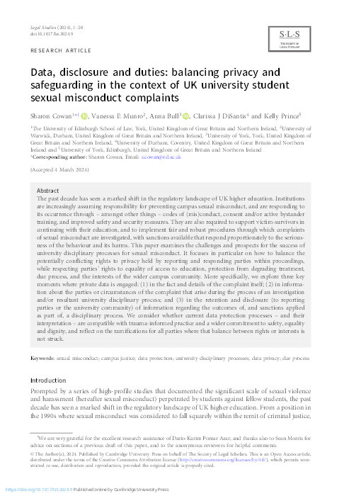 Data, disclosure and duties: balancing privacy and safeguarding in the context of UK university student sexual misconduct complaints Thumbnail