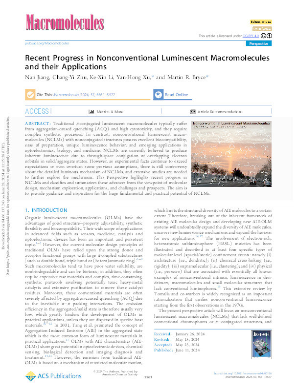 Recent Progress in Nonconventional Luminescent Macromolecules and their Applications Thumbnail