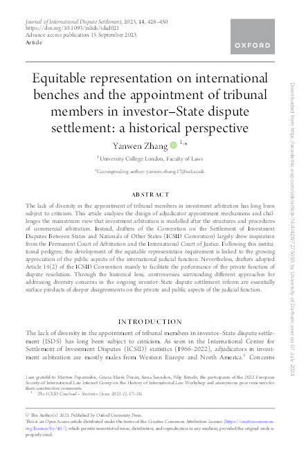 Equitable representation on international benches and the appointment of tribunal members in investor–State dispute settlement: a historical perspective Thumbnail