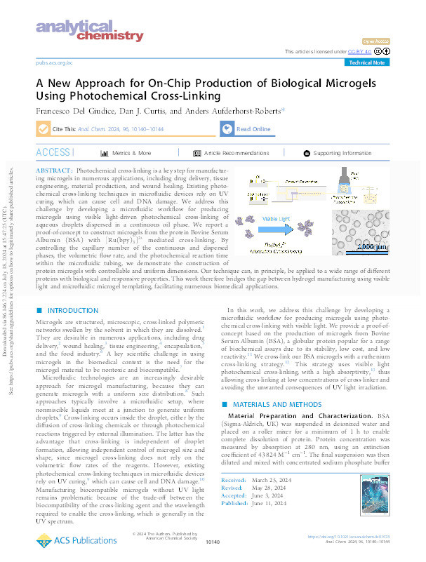 A New Approach for On-Chip Production of Biological Microgels Using Photochemical Cross-Linking Thumbnail