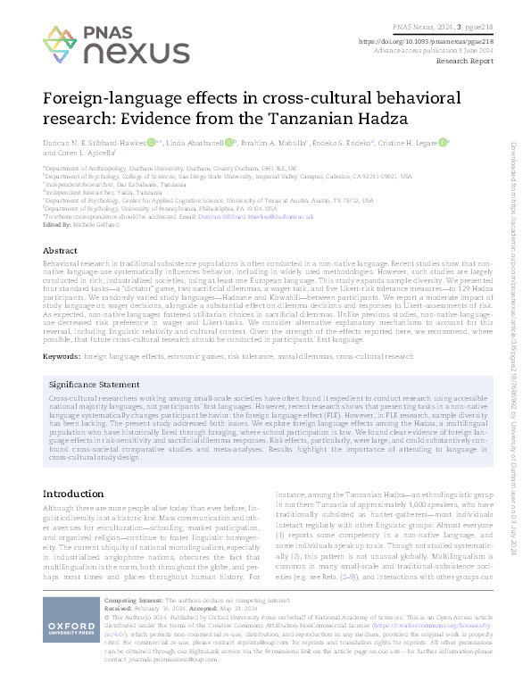 Foreign-language effects in cross-cultural behavioral research: Evidence from the Tanzanian Hadza Thumbnail