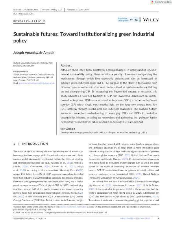 Sustainable futures: Toward institutionalizing green industrial policy Thumbnail