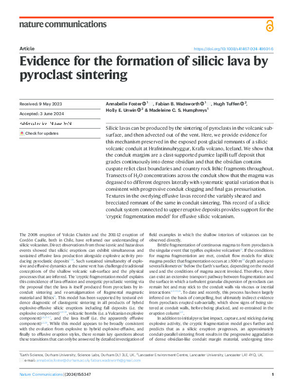 Evidence for the formation of silicic lava by pyroclast sintering Thumbnail