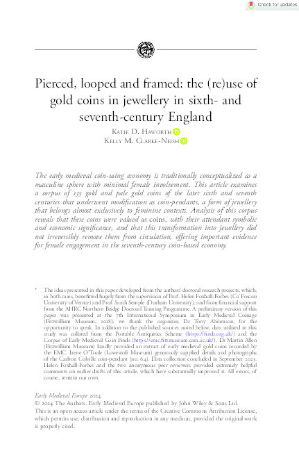 Pierced, looped and framed: the (re)use of gold coins in jewellery in sixth‐ and seventh‐century England Thumbnail