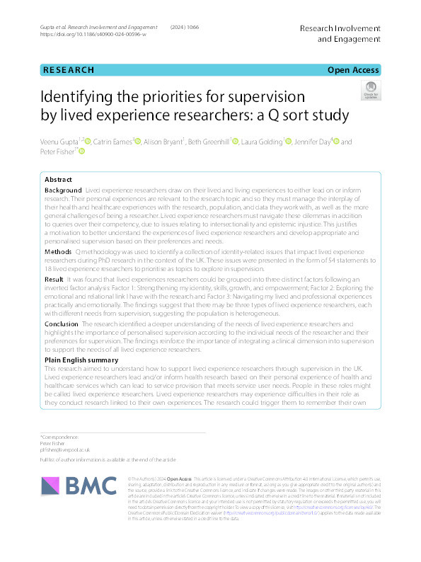 Identifying the priorities for supervision by lived experience researchers: a Q sort study Thumbnail