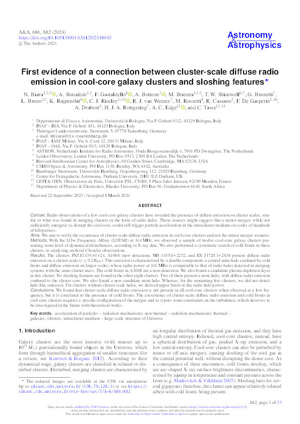 First evidence of a connection between cluster-scale diffuse radio emission in cool-core galaxy clusters and sloshing features Thumbnail