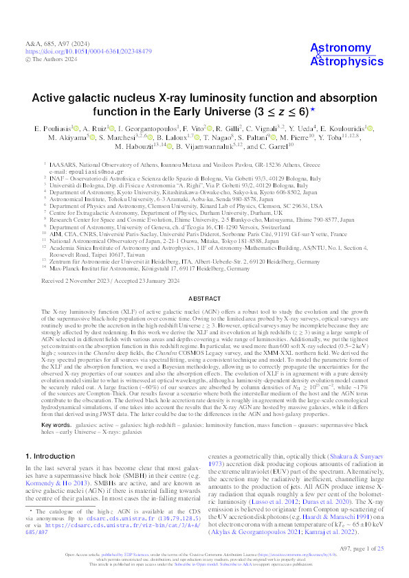 Active galactic nucleus X-ray luminosity function and absorption function in the Early Universe (3 ≤ z ≤ 6) Thumbnail