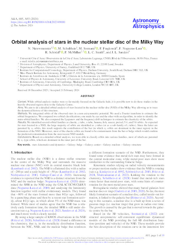 Orbital analysis of stars in the nuclear stellar disc of the Milky Way Thumbnail