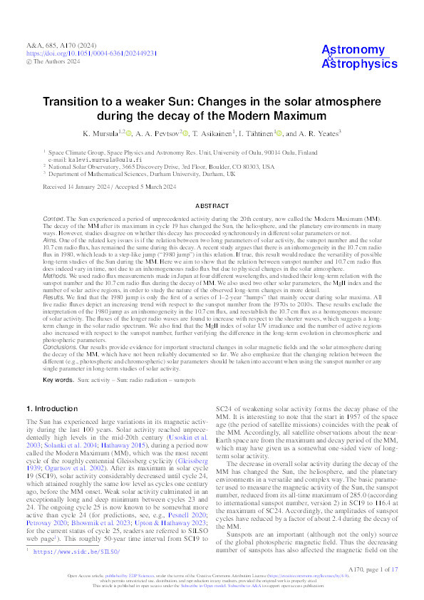 Transition to a weaker Sun: Changes in the solar atmosphere during the decay of the Modern Maximum Thumbnail
