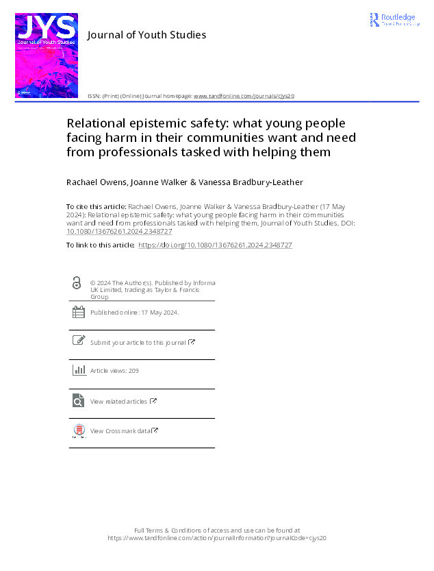 Relational epistemic safety: what young people facing harm in their communities want and need from professionals tasked with helping them Thumbnail