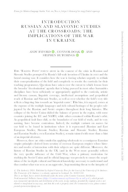 Introduction Russian and Slavonic Studies at the Crossroads: The Implications of the War in Ukraine Thumbnail