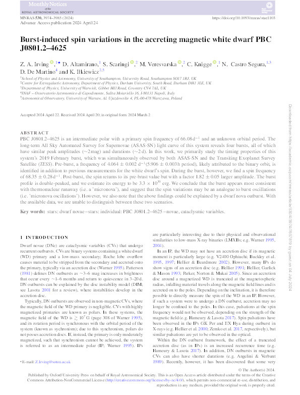 Burst-induced spin variations in the accreting magnetic white dwarf PBC J0801.2–4625 Thumbnail