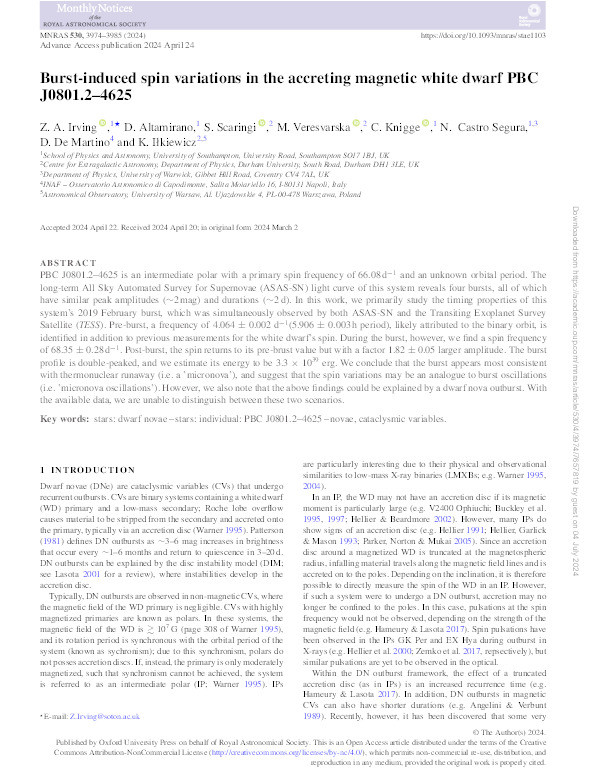 Burst-induced spin variations in the accreting magnetic white dwarf PBC J0801.2–4625 Thumbnail