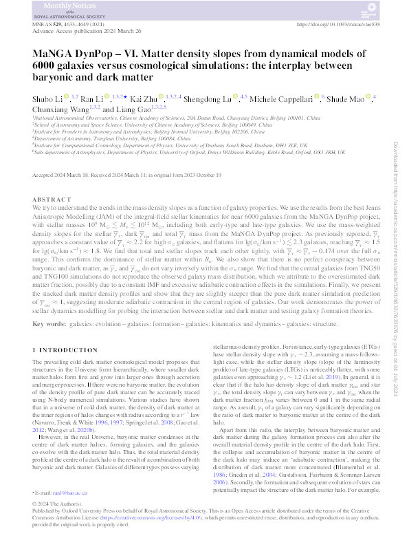 MaNGA DynPop – VI. Matter density slopes from dynamical models of 6000 galaxies versus cosmological simulations: the interplay between baryonic and dark matter Thumbnail