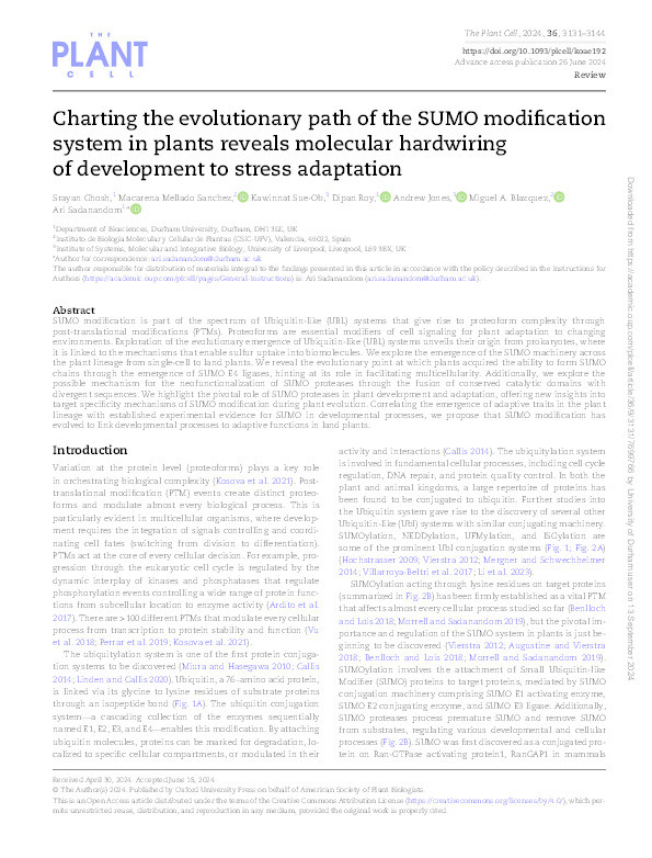 Charting the evolutionary path of the SUMO modification system in plants reveals molecular hardwiring of development to stress adaptation Thumbnail