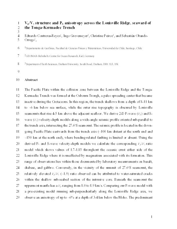 Vp/Vs structure and Pn anisotropy across the Louisville Ridge, seaward of the Tonga-Kermadec Trench Thumbnail