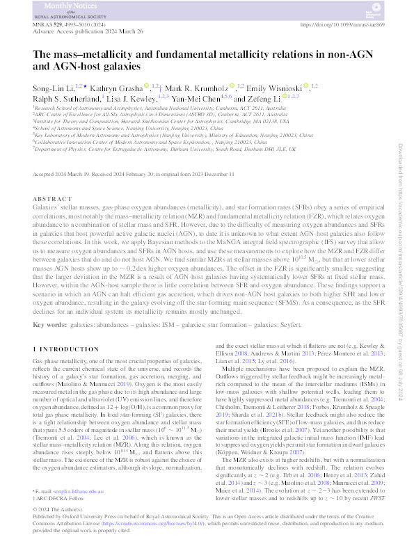 The mass–metallicity and fundamental metallicity relations in non-AGN and AGN-host galaxies Thumbnail