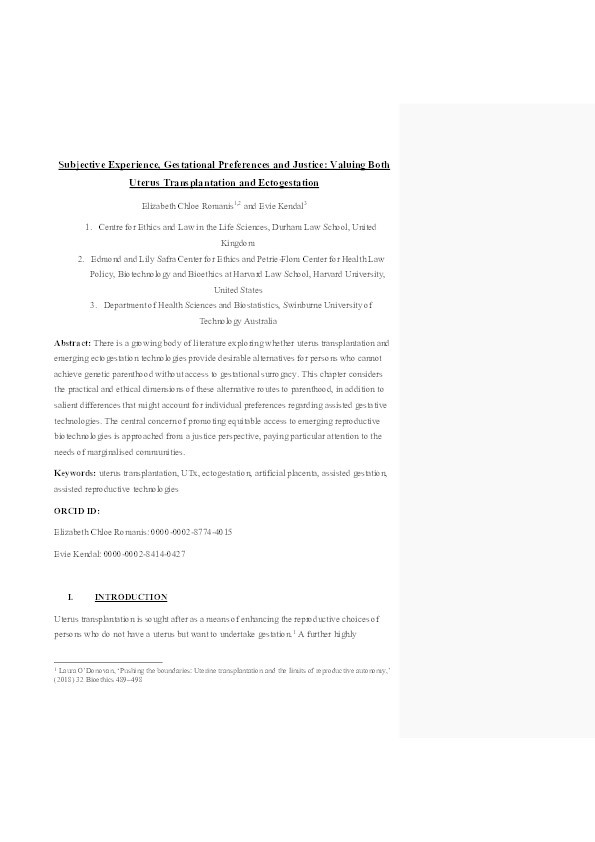 Subjective Experience, Gestational Preferences and Justice: Valuing Both Uterus Transplantation and Ectogestation Thumbnail