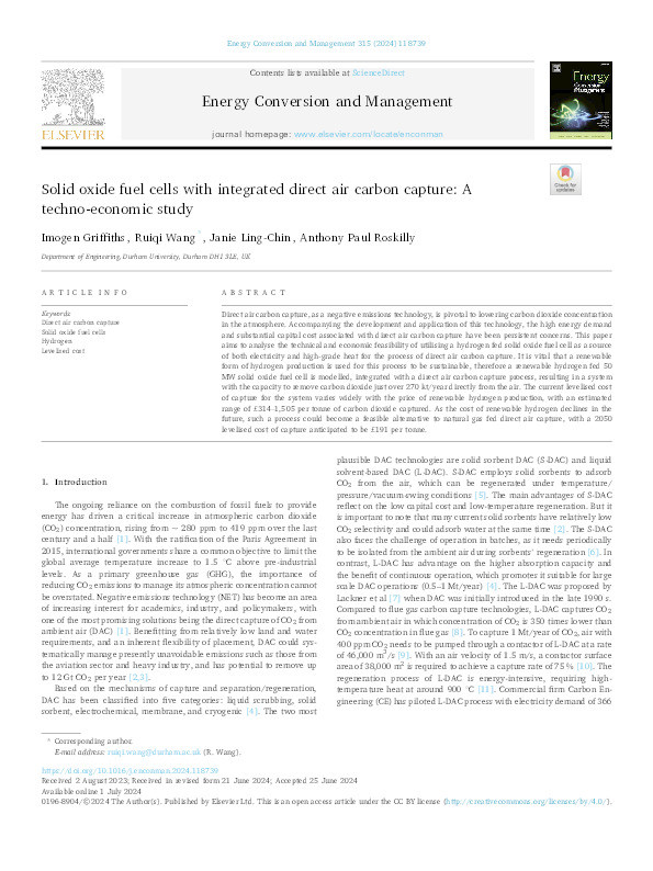 Solid oxide fuel cells with integrated direct air carbon capture: A techno-economic study Thumbnail