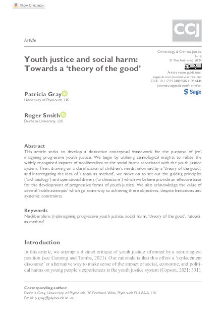 Youth justice and social harm: Towards a ‘theory of the good’ Thumbnail