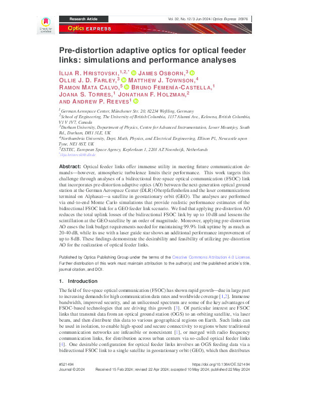 Pre-distortion adaptive optics for optical feeder links: simulations and performance analyses Thumbnail