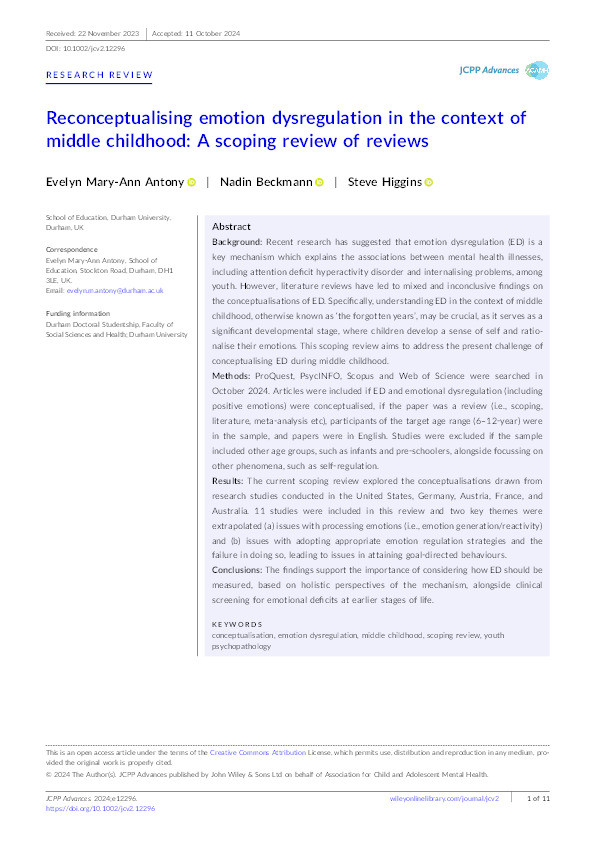 Reconceptualising emotion dysregulation in the context of middle childhood: A scoping review of reviews Thumbnail