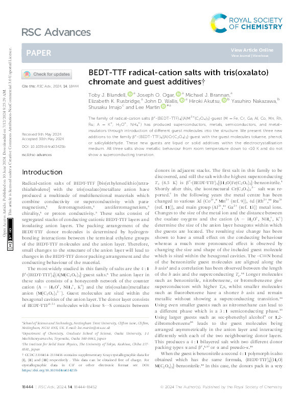 BEDT-TTF radical-cation salts with tris(oxalato)chromate and guest additives Thumbnail