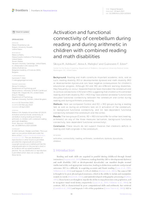 Activation and functional connectivity of cerebellum during reading and during arithmetic in children with combined reading and math disabilities Thumbnail