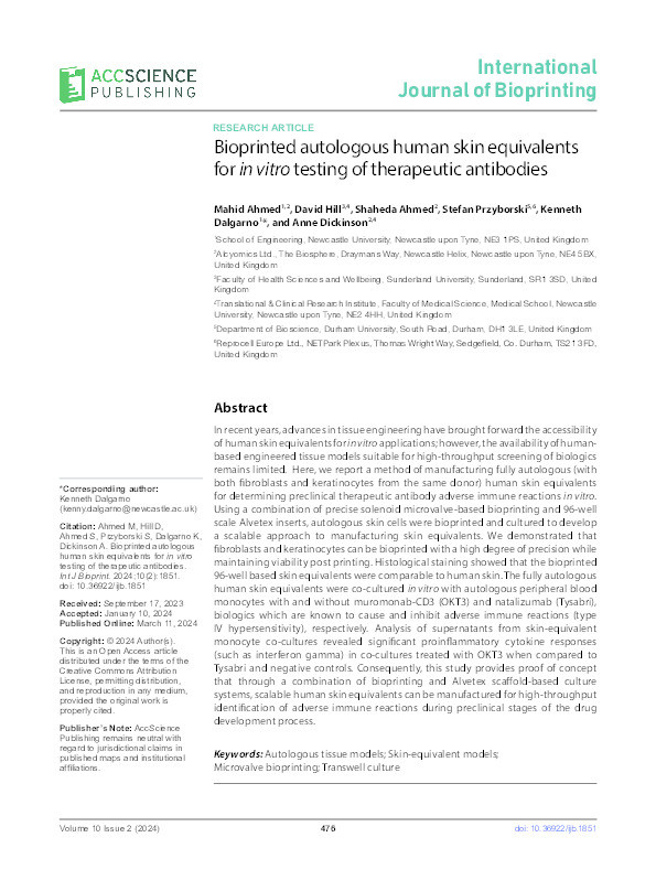 Bioprinted autologous human skin equivalents for in vitro testing of therapeutic antibodies Thumbnail