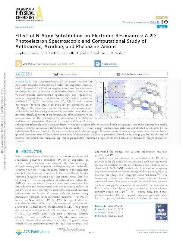 Effect of N Atom Substitution on Electronic Resonances: A 2D Photoelectron Spectroscopic and Computational Study of Anthracene, Acridine, and Phenazine Anions Thumbnail