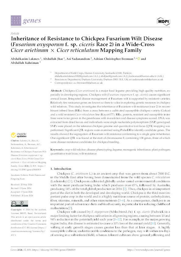 Inheritance of Resistance to Chickpea Fusarium Wilt Disease ( Fusarium oxysporum f. sp. ciceris Race 2) in a Wide-Cross Cicer arietinum × Cicer reticulatum Mapping Family Thumbnail