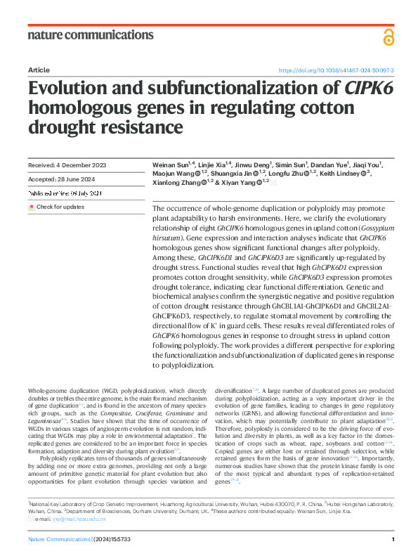 Evolution and subfunctionalization of CIPK6 homologous genes in regulating cotton drought resistance Thumbnail