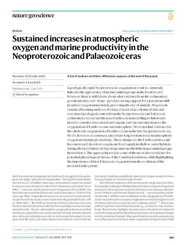 Sustained increases in atmospheric oxygen and marine productivity in the Neoproterozoic and Palaeozoic eras Thumbnail