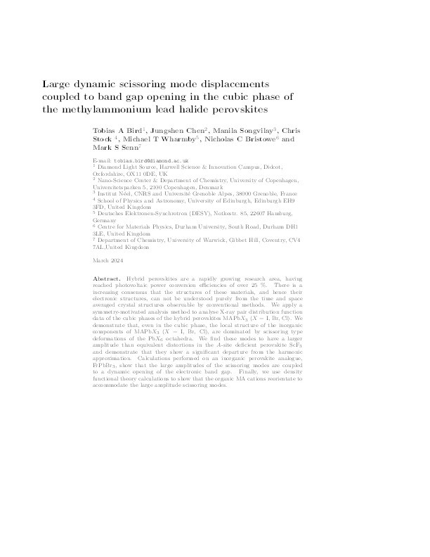 Large dynamic scissoring mode displacements coupled to band gap opening in the cubic phase of the methylammonium lead halide perovskites. Thumbnail