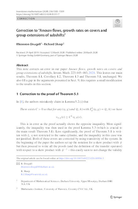 Correction to “Anosov flows, growth rates on covers and group extensions of subshifts” Thumbnail