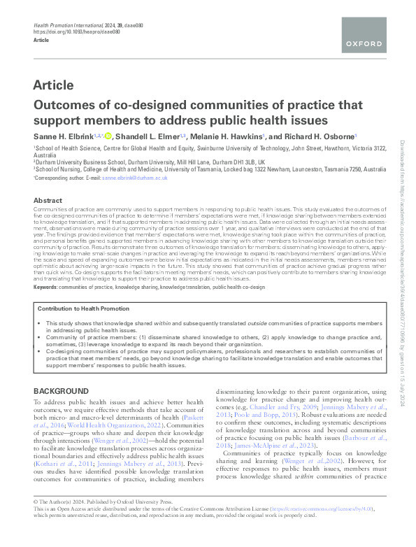 Outcomes of co-designed communities of practice that support members to address public health issues Thumbnail