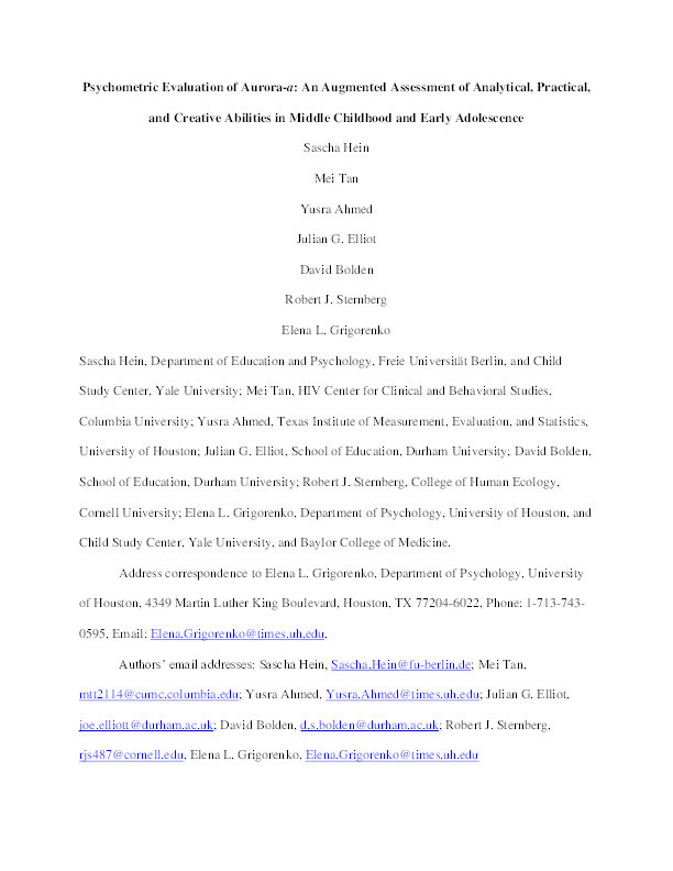 Psychometric Evaluation of Aurora-a: An Augmented Assessment of Analytical, Practical, and Creative Abilities in Middle Childhood and Early Adolescence Thumbnail