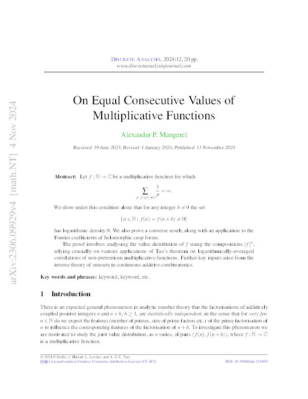 On Equal Consecutive Values of Multiplicative Functions Thumbnail