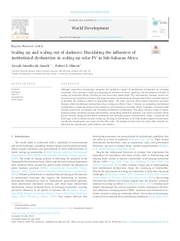 Scaling Up and Scaling Out of Darkness: Elucidating the Influences of Institutional Dysfunction in Scaling Up Solar PV in Sub-Saharan Africa Thumbnail