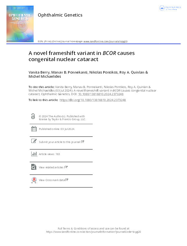 A novel frameshift variant in BCOR causes congenital nuclear cataract Thumbnail