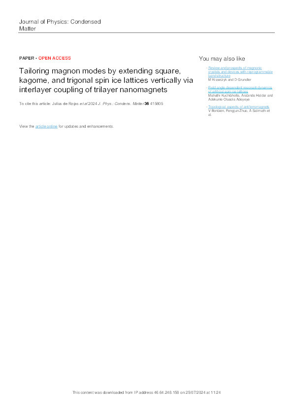 Tailoring magnon modes by extending square, kagome, and trigonal spin ice lattices vertically via interlayer coupling of trilayer nanomagnets. Thumbnail