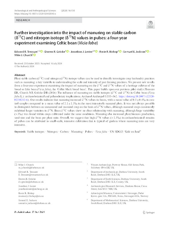 Further investigation into the impact of manuring on stable carbon (δ13C) and nitrogen isotope (δ15N) values in pulses: a four-year experiment examining Celtic bean (Vicia faba) Thumbnail