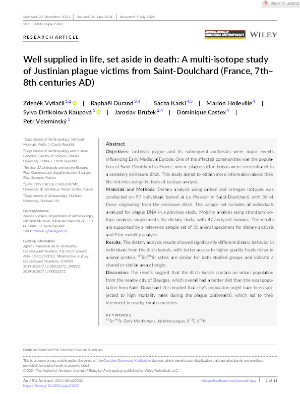 Well supplied in life, set aside in death: A multi‐isotope study of Justinian plague victims from Saint‐Doulchard (France, 7th–8th centuries AD ) Thumbnail