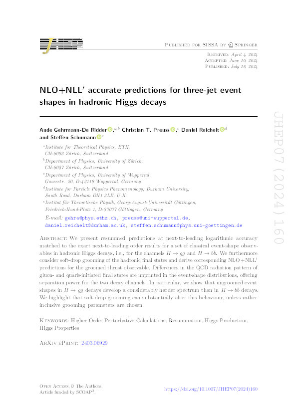 NLO+NLL′ accurate predictions for three-jet event shapes in hadronic Higgs decays Thumbnail
