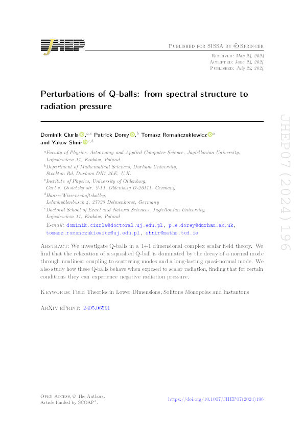 Perturbations of Q-balls: from spectral structure to radiation pressure Thumbnail