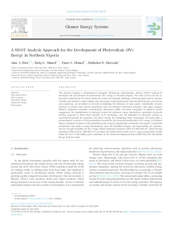 A SWOT Analysis approach for the development of Photovoltaic (PV) energy in Northern Nigeria Thumbnail