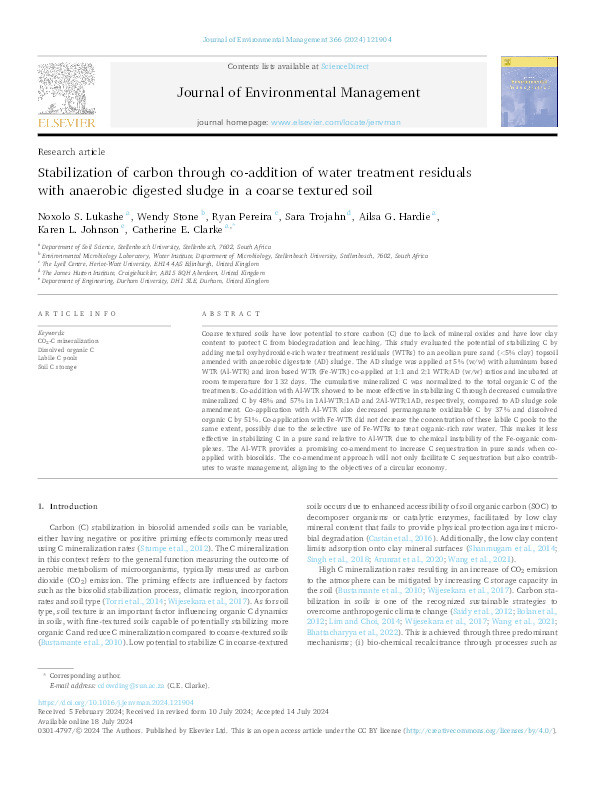 Stabilization of carbon through co-addition of water treatment residuals with anaerobic digested sludge in a coarse textured soil Thumbnail