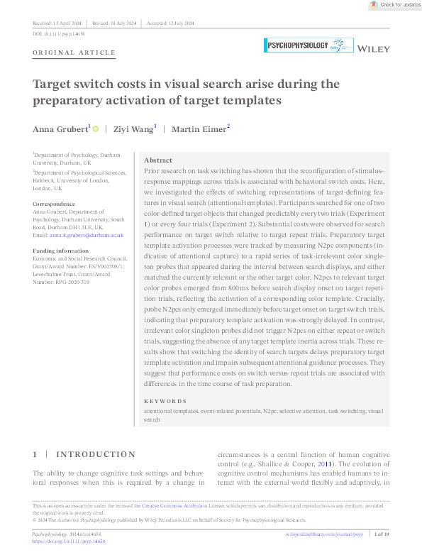 Target switch costs in visual search arise during the preparatory activation of target templates Thumbnail