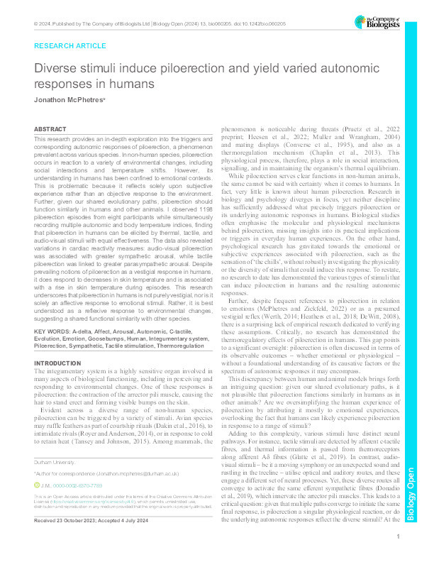 Diverse stimuli induce piloerection and yield varied autonomic responses in humans. Thumbnail