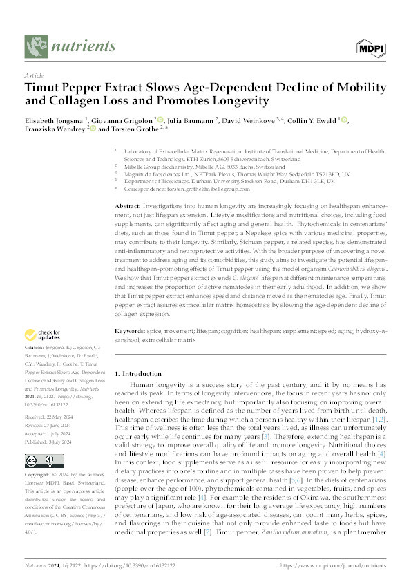 Timut Pepper Extract Slows Age-Dependent Decline of Mobility and Collagen Loss and Promotes Longevity. Thumbnail